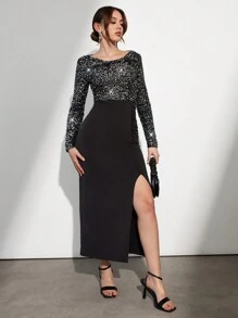 EURMUSE Beaded Long Sleeve Patchwork Banquet High Split Maxi Dress - Black - View 4