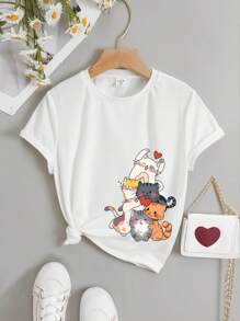 Tween女孩休閒簡約卡通貓印花短袖圓領t卹,適合夏季 - 白色 - 查看 1