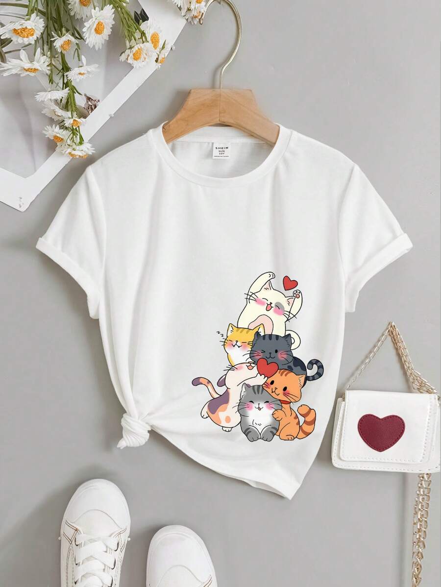 Tween女孩休閒簡約卡通貓印花短袖圓領t卹,適合夏季 - 白色 - 查看 1