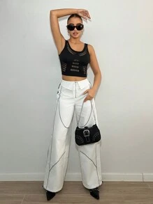 SHEIN ICON 女修身鉤針刺繡蕾絲短背心 - 黑色 - 查看 5