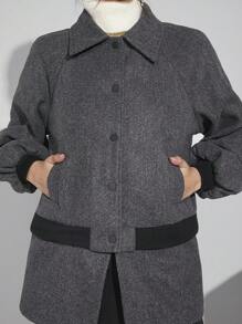 Hauture Chaqueta Femenina Con Cuello De Solapa Y Mangas Raglán Largas - Gris - Ver 4