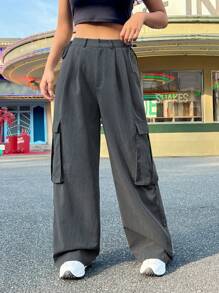 SHEIN EZwear 女式灰色針織貨物褲,帶口袋 - 灰色 - 查看 7