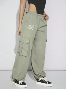 SHEIN EZwear Women's Solid Color Drawstring Cargo Pants - Army Green - View 4
