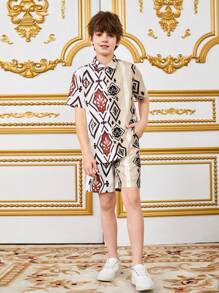 Tween Boys' Loose Casual Geometric Print Short Sleeve Shirt And Shorts SetSibling Outfits - White - View 6