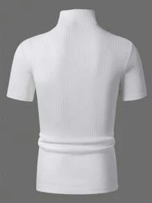 Manfinity Homme Men Stand-Collar Ribbed Short Sleeve Plain T-Shirt, For Going Out, Summer Mock Neck White Top, Fall - White - View 2