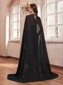 YISIKADO Women's Rhinestone & Pearl Embellished Stand Collar Cape Cloak, Luxurious For Party Evening Gown - Black - View 2
