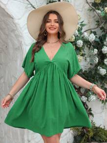 SHEIN VCAY 大尺碼紋理雙穗腰帶v領夏日沙灘綠色女裝連身裙