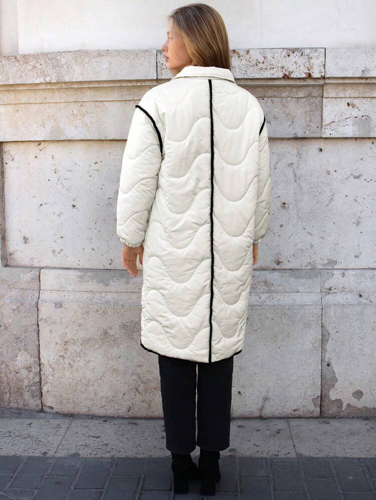Color Block Loose Padded Mid-Length Coat With Hem Winter White Casual