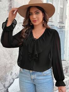 SHEIN Frenchy 大尺碼女士度假拼接荷葉邊襯衫 - 黑色 - 查看 3