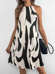 SHEIN Maternity Random Printed Halter Neck Dress - Black and White - View 3