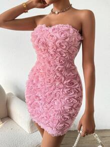 SHEIN Unity MOOSTA 3D Floral Bustier Mini Dress, For Party & Valentine's Day - Pink - View 3