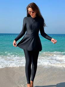 Swim Mulvari Summer Beach Women's Conservative Style Long Sleeve One-Piece Swimsuit With Ruffle HemArabic Clothing - Black - View 1