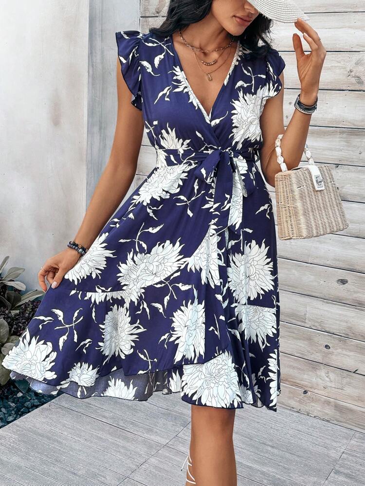 Ladies' Floral Print Cap Sleeve A-Line Dress
