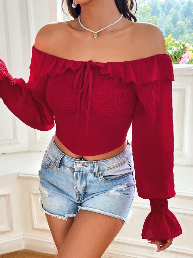 Women's Shirred Off The Shoulder Lantern Sleeve Blouse With Ruffled Hem