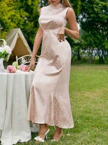 SHEIN Belle 玫瑰提花立領無袖魚尾晚禮服,搭配腰帶和後繫帶 - 香檳色 - 查看 3