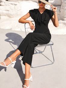 Chiquease Women's Elegant Solid Color Ruffle Edge Jumpsuit - Black - View 5