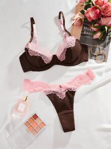 SHEIN 蕾絲拼接文胸及内褲內衣套裝 - 彩色 - 查看 4