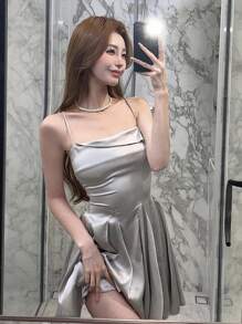 DAZY 女款純色交叉繫帶露背細肩帶連身裙 - 銀色 - 查看 5