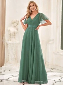 Đầm phù dâu màu xanh lá cây bằng chiffon, cổ chữ V, dáng chữ A, thanh lịch, phù hợp cho khách mời đám cưới mùa xuân/hè và các dịp trang trọng. - màu xanh lá - Xem 7