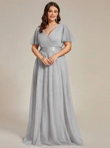 Plus Size Mesh Ruched Bodice High Waisted Bridesmaid Dress