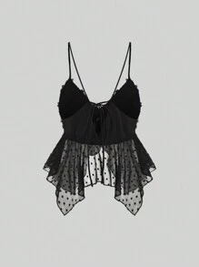 Sweetra Mesh 3d Flower Splice Swiss Dot Asymmetrical Hem Cami Top - Pink - View 2