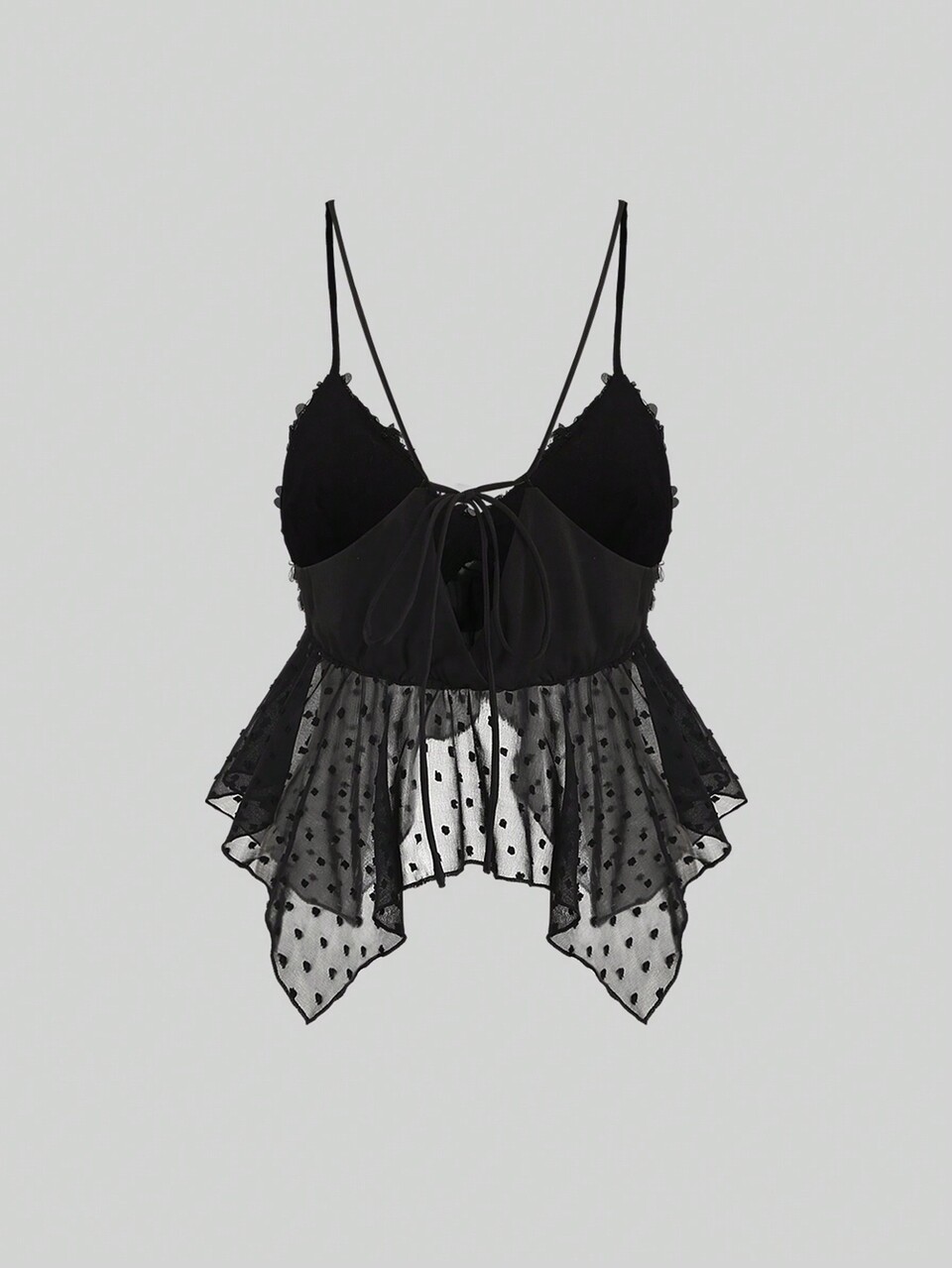 Mesh 3d Flower Splice Swiss Dot Asymmetrical Hem Cami Top