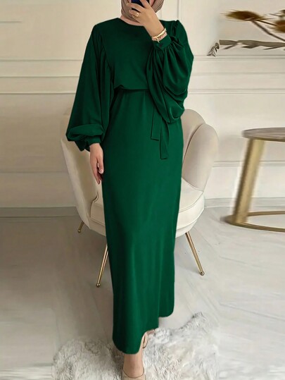 Women's Solid Color Round Neck Lantern Sleeve Long Elegant Arabian Dress, Modest