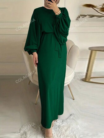 Women's Solid Color Round Neck Lantern Sleeve Long Elegant Arabian Dress, Modest