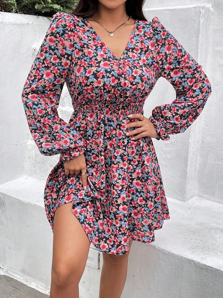 Women's Valentine's Day Shirred Waisted Back Tie Up Lantern Sleeves Floral Printed Summer Dress Winter Vacation Flower Beach