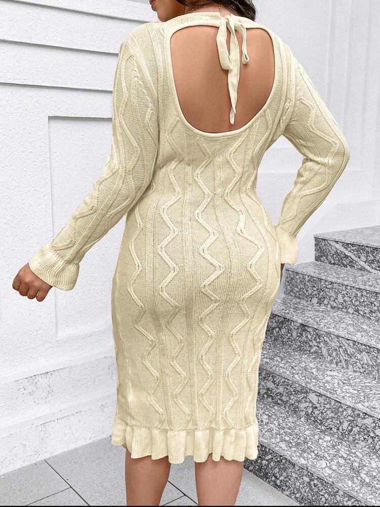 Plus Size Round Neck Bell Sleeve Sweater Dress Fall Cloth For Women