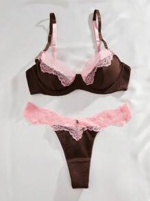 SHEIN 蕾絲拼接文胸及内褲內衣套裝 - 彩色 - 查看 6