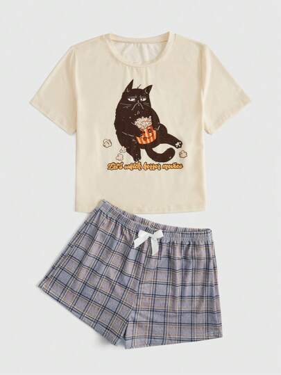 BUTTERFLY Cartoon Graphic Plaid PJ Set, School