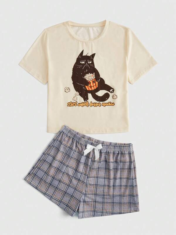 BUTTERFLY Cartoon Graphic Plaid PJ Set, School