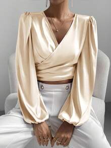 SHEIN Privé 休閒灯笼袖交叉前短款上衣 - 杏色 - 查看 4