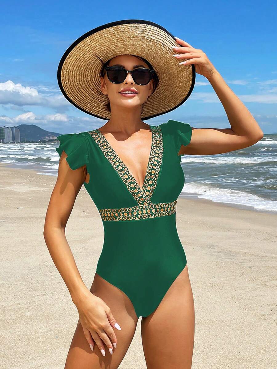 SHEIN Swim Đồ bơi một mảnh tay lửng in hoa cho nữ Carnival Summer - Màu xanh lá cây đậm - Xem 1