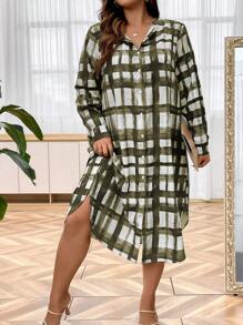 SHEIN LUNE 大尺寸格紋長袖襯衫連身裙 - 墨綠色 - 查看 4
