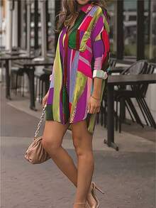 Áo sơ mi tay cánh dơi dáng rộng in họa tiết hình học Fashion Me, chất liệu polyester, màu tím, thích hợp mặc hàng ngày và đi làm, áo kiểu tay dài in họa tiết nhiều màu sắc, áo tay dài, thích hợp cho ngày lễ tình nhân mùa xuân. - Màu tím - Xem 6