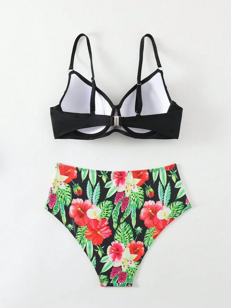 Summer Plant Print Push Up Bikini Set For Women Carnival