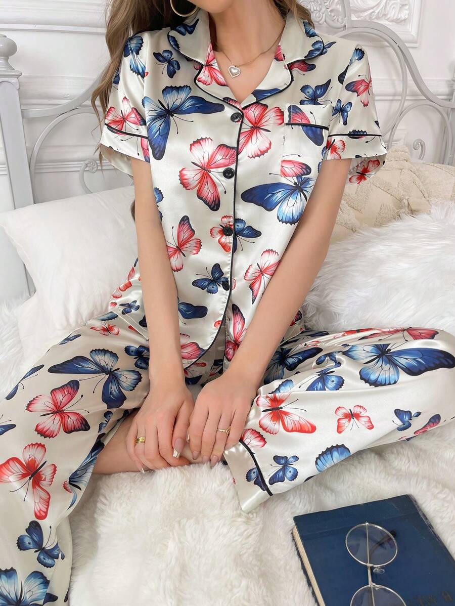 Butterfly Printed Faux Silk Collar Trimmed With Contrast Piping & Edge Pajama Set - Beige - View 1