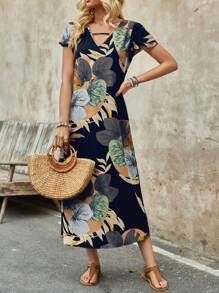 EMERY ROSE 女式春季热带植物印花休闲连衣裙