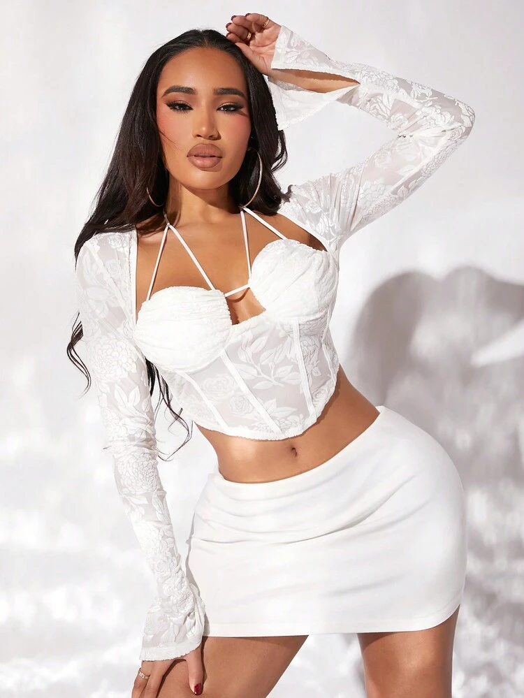 Women's Floral Mesh Cropped Top White Top Halter Neck Strap