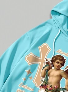 ROMWE MEN Street Life Các bạn Khẩu hiệu & Hình ảnh Dây rút Thả vai Hoodie - Màu xanh lam - Xem 4