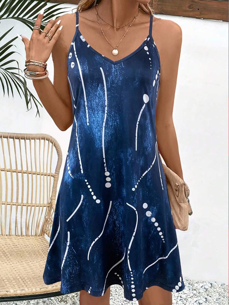Women's Summer Spaghetti Strap Dress, Blue Abstract Print, Flowy Fit For Vacation Outfits, Lightweight Summer Clothes, Ideal For Beach & Casual Days, Stylish Dress Summer For Women,Dress>Women Short Dresses