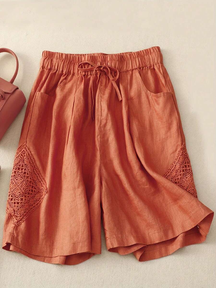 Kích thước lớn Màu thuần Eo đàn hồi Quần short Với Mảnh Lace Thiết kế - trái cam - Xem 1