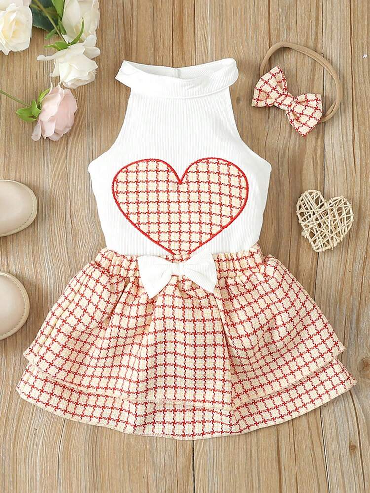 Baby Girl Heart Embroidered Halter Top And Skirt Set