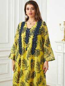 V-Neck Leaf Print Maxi Arabian Dress - Yellow - View 4
