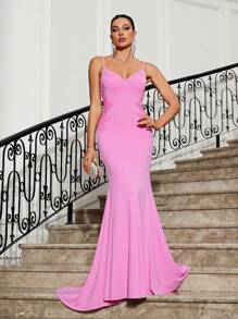 SHEIN Belle Women's Rose Pink Knitted Stretch Mermaid Train Dress,Exquisite Flower Applique V-Neck Cami Fish Tail Back Tied Cascading Ruffles Evening Party Gown - Pink - View 7