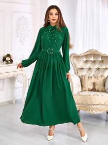 EURMUSE Vestido Verde Especial De Manga Larga Con Detalle De Cuentas - Verde - Ver 1