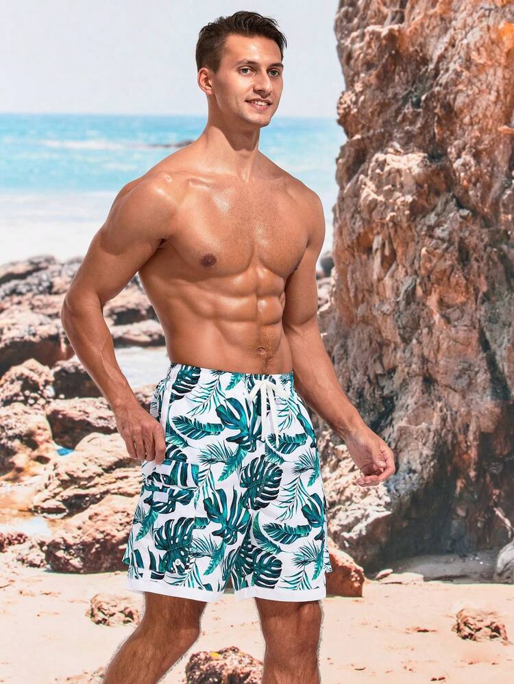 Men’S Tropical Print Drawstring Waist Beach Shorts