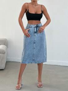 SHEIN Cottnline Ladies' Straight-Fit Denim Skirt With Pockets - Blue - View 6